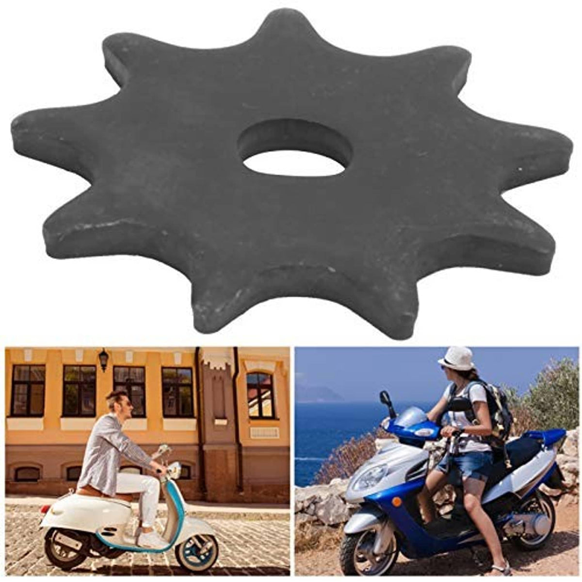 Black chain sprocket with central hole and star-like gear teeth