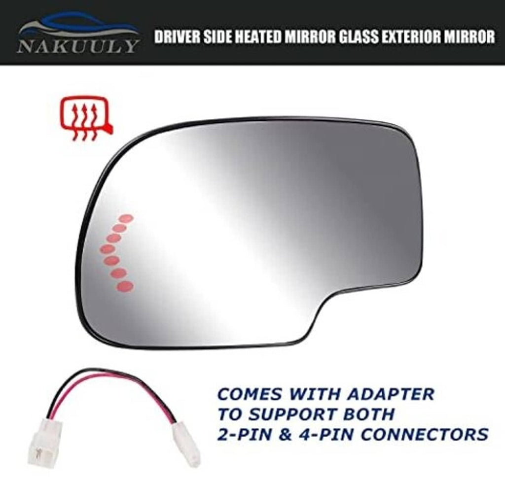 Heated mirror glass replacement, reflective silver surface with black outer frame