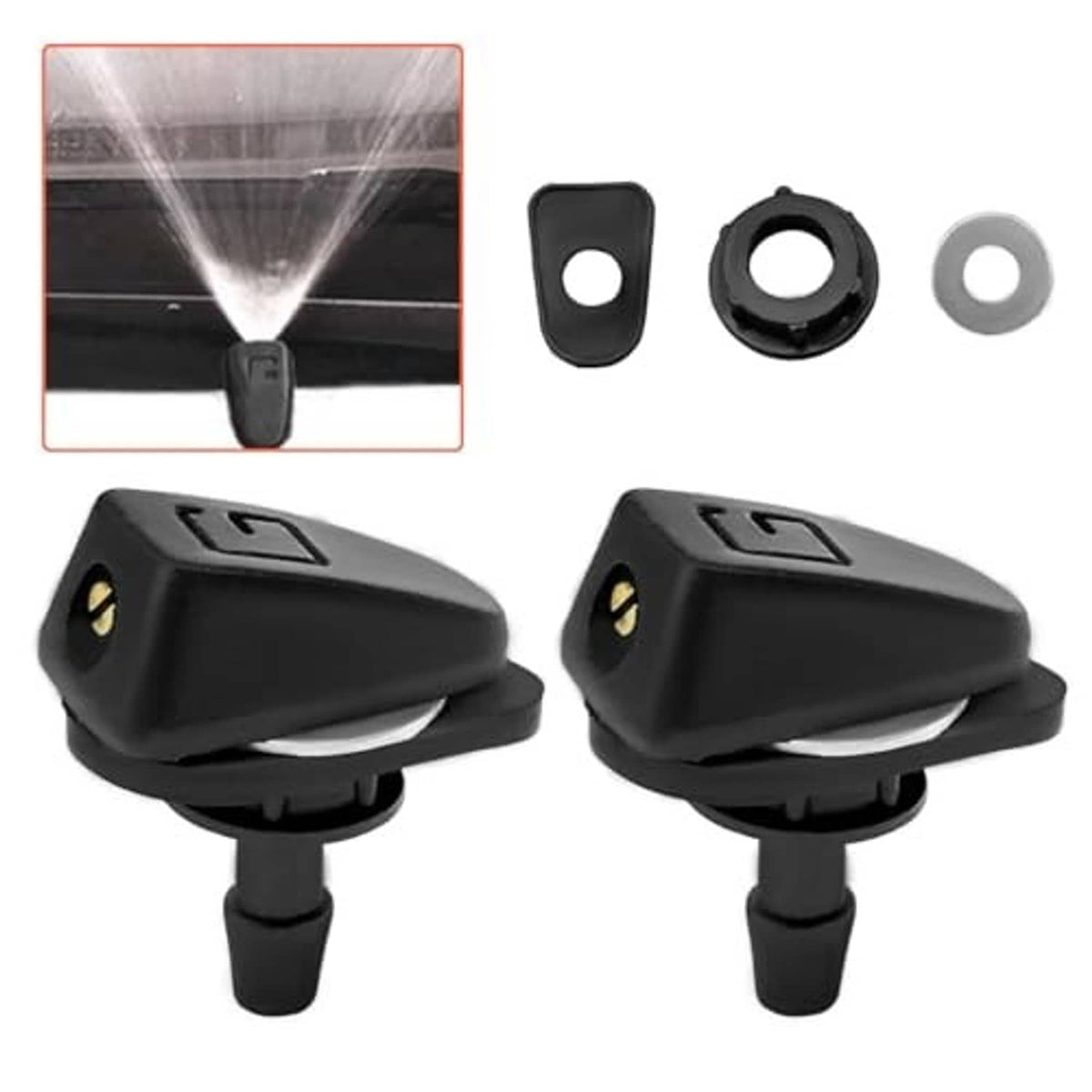 Car windshield washer nozzle kit, two black sprayer heads with accessory rings and bracket