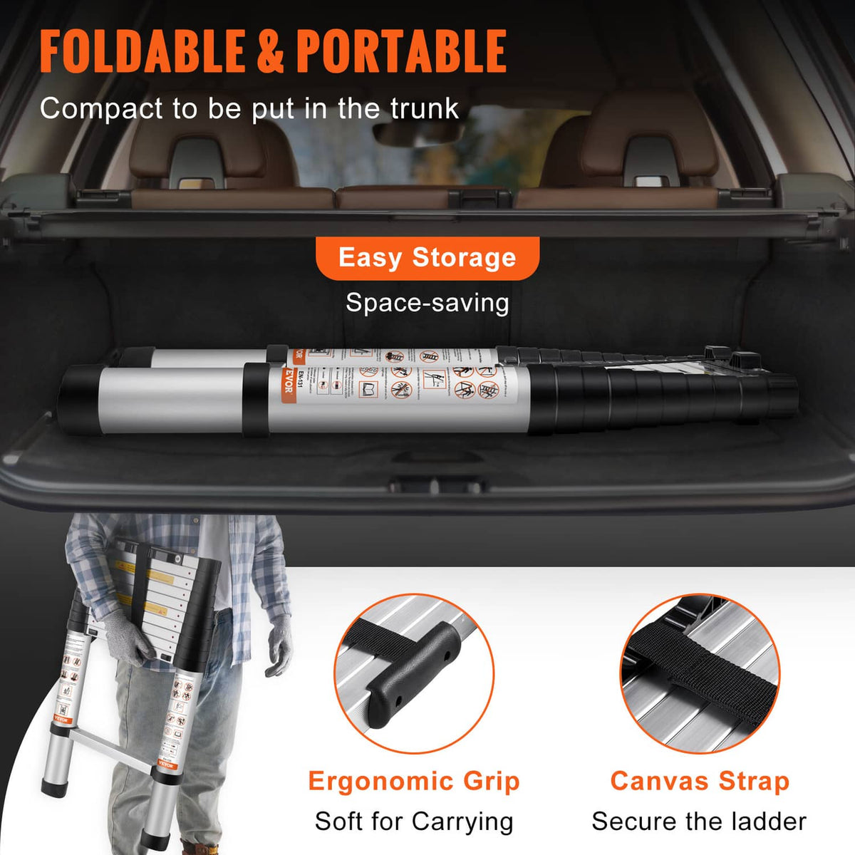 Folded telescoping ladder secured with a canvas strap, shown for compact storage