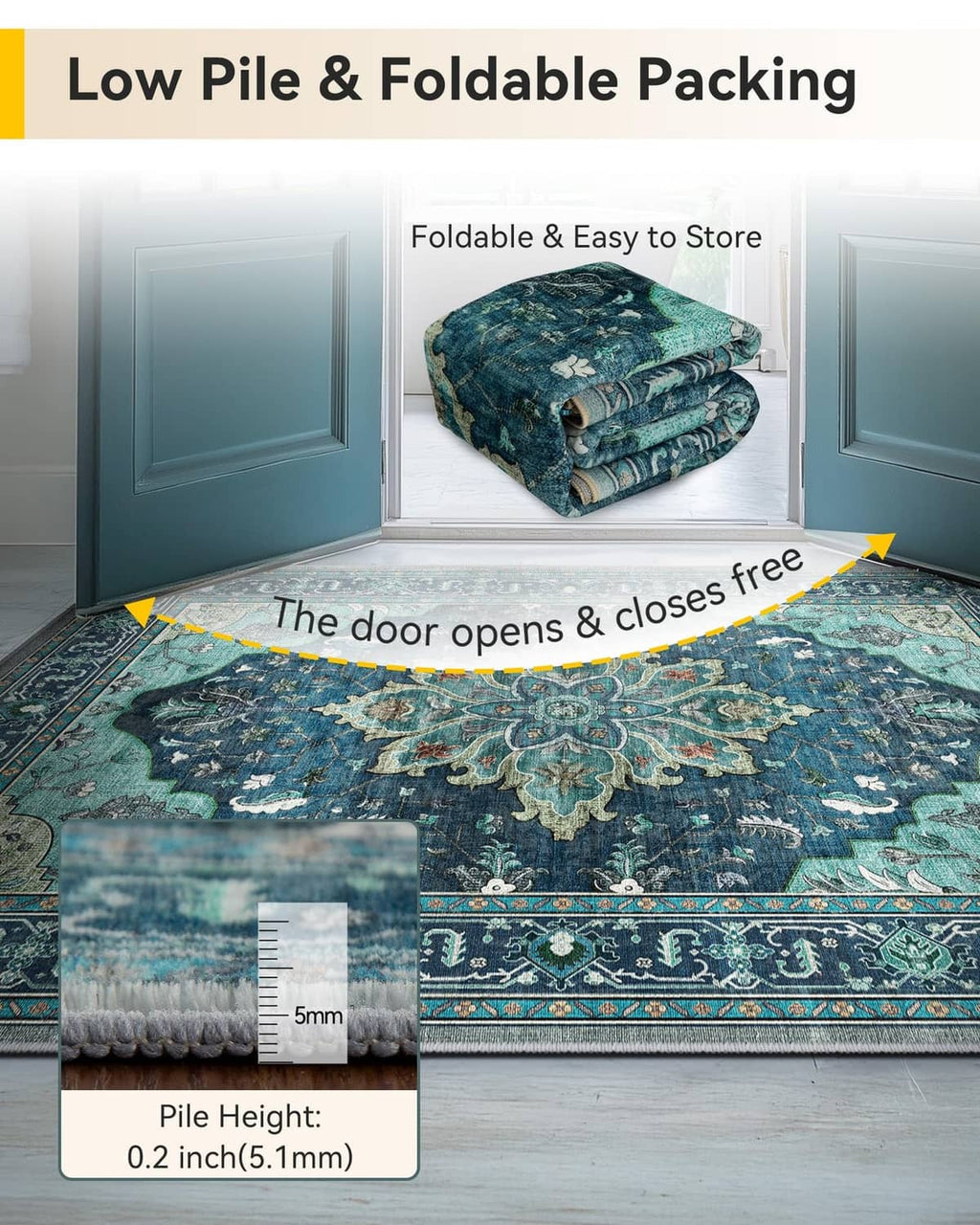 Teal low-pile folding runner area rug with ornate pattern, designed for easy storage.