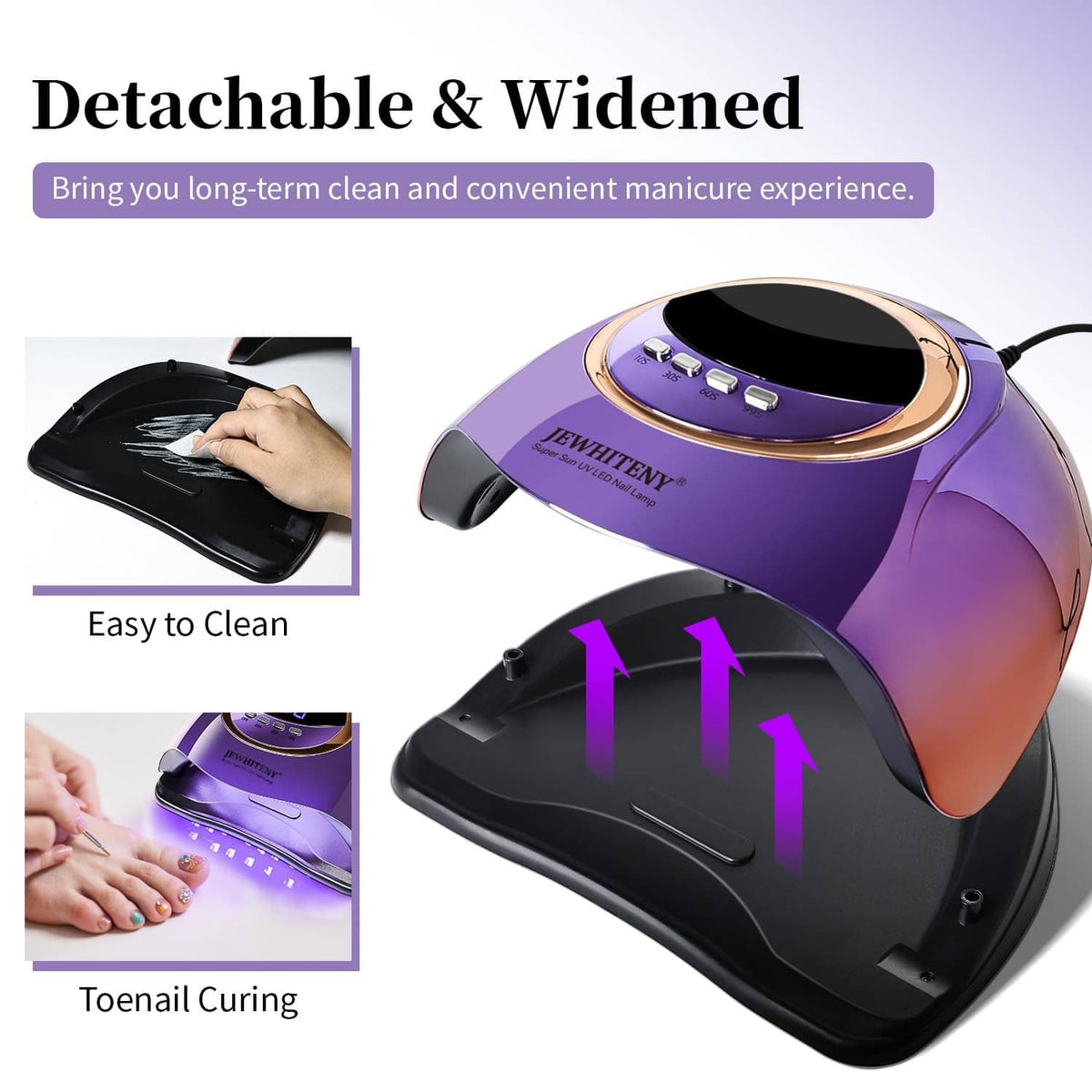 Purple UV LED nail lamp with wide detachable base for easier cleaning