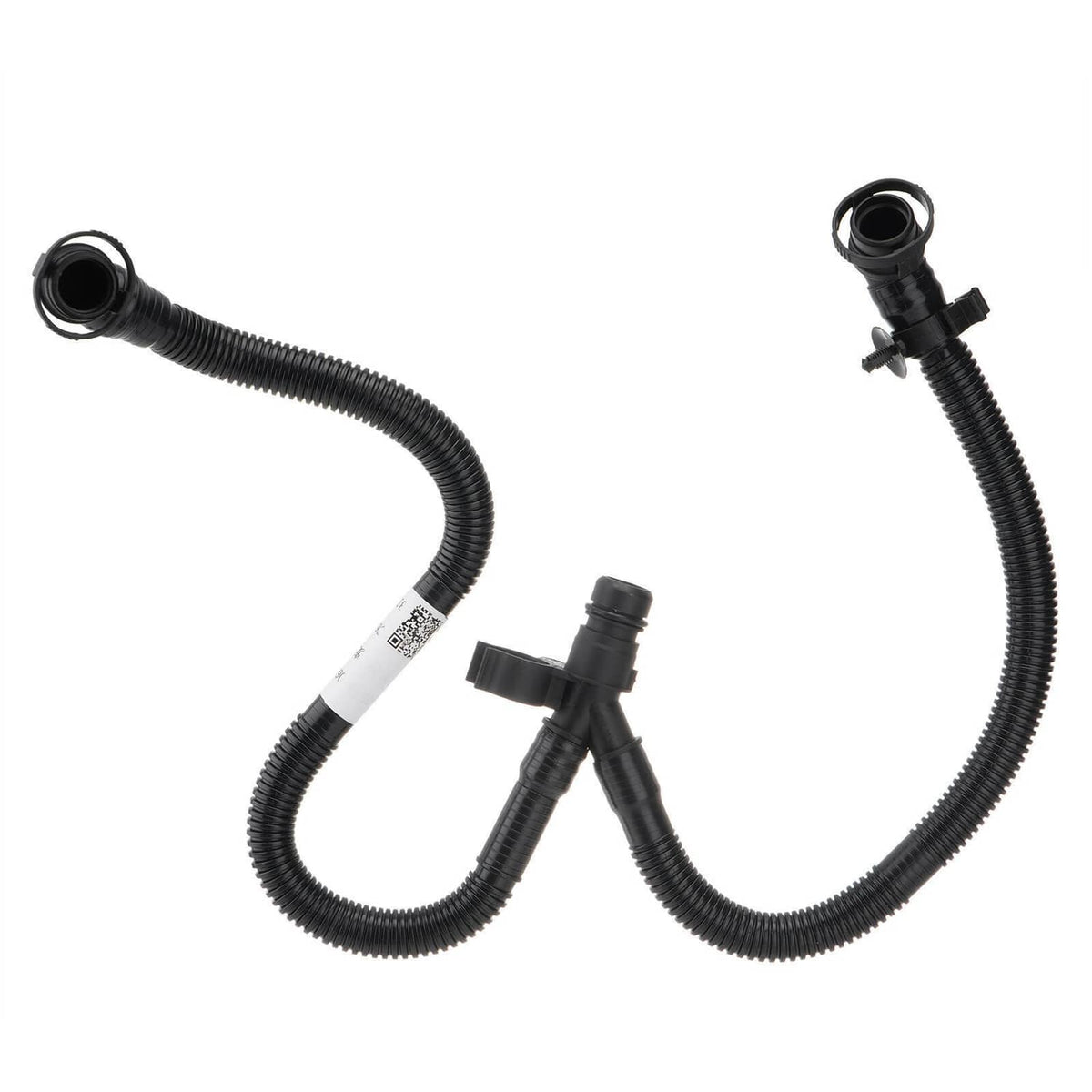 Black ribbed PCV hoses with two connector ends for oil separator valve assembly.
