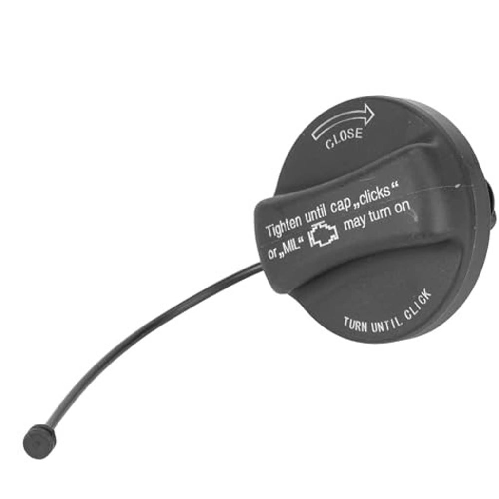 Black fuel tank filler cap with long tether, CLOSE and TURN UNTIL CLICK markings