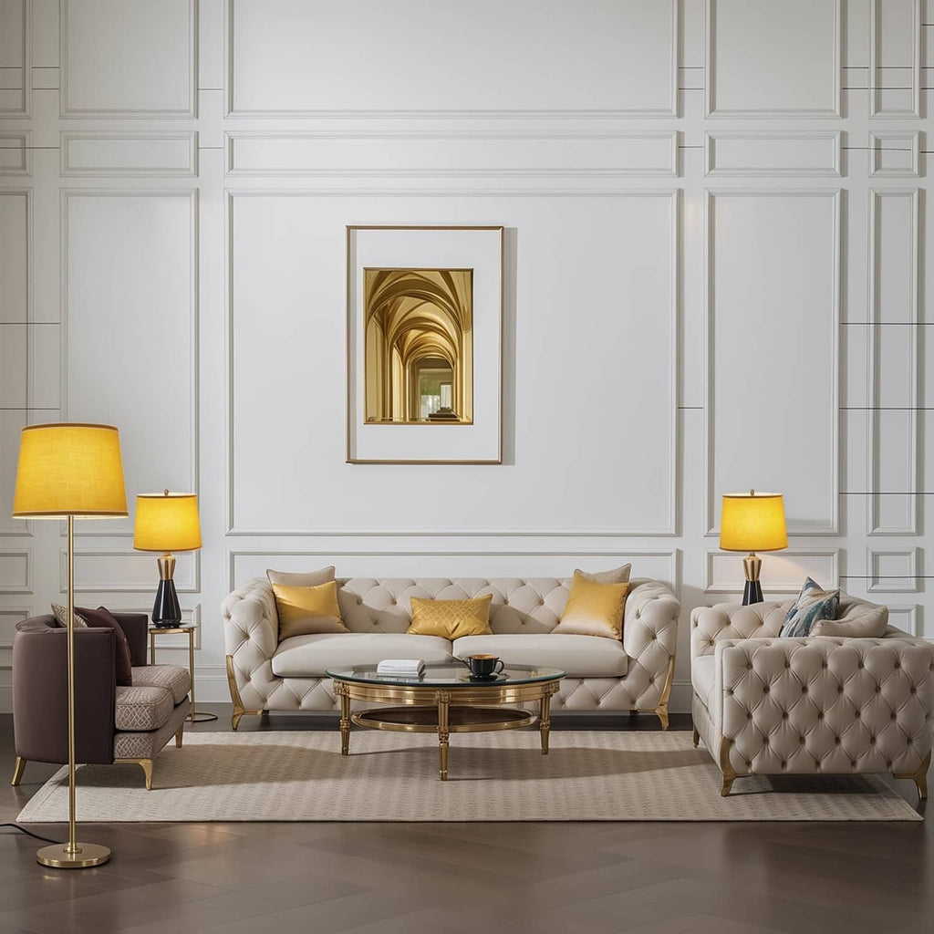 Pair of yellow drum lamp shades with white trim standing beside a sofa