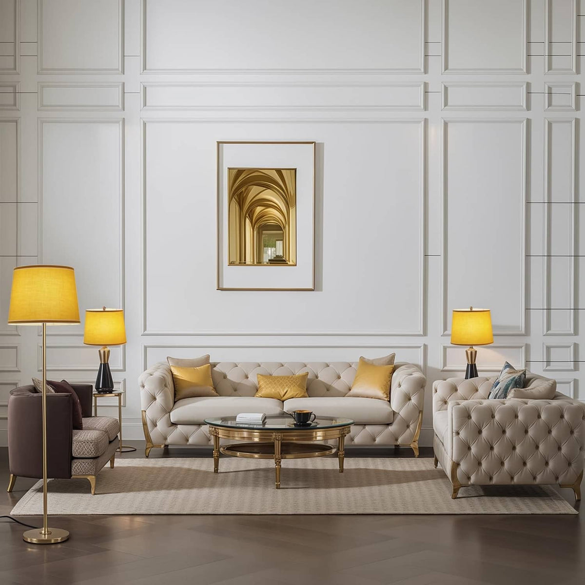 Pair of yellow drum lamp shades with white trim standing beside a sofa