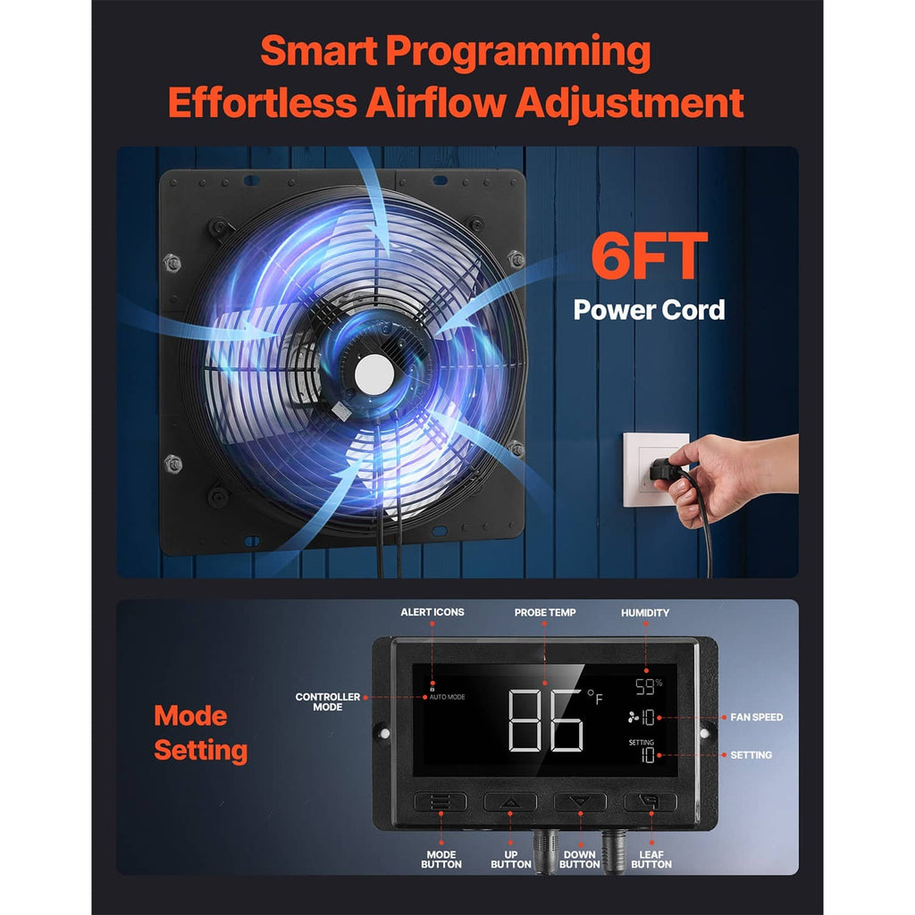 Wall-mount shutter exhaust fan with smart controller display and 6 ft power cord