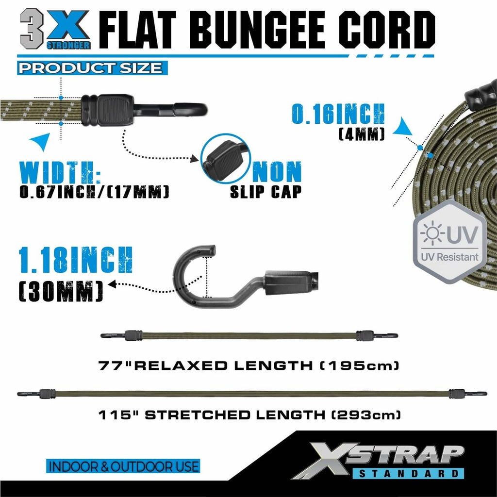 Flat bungee cord with non-slip cap and UV-resistant design, army green