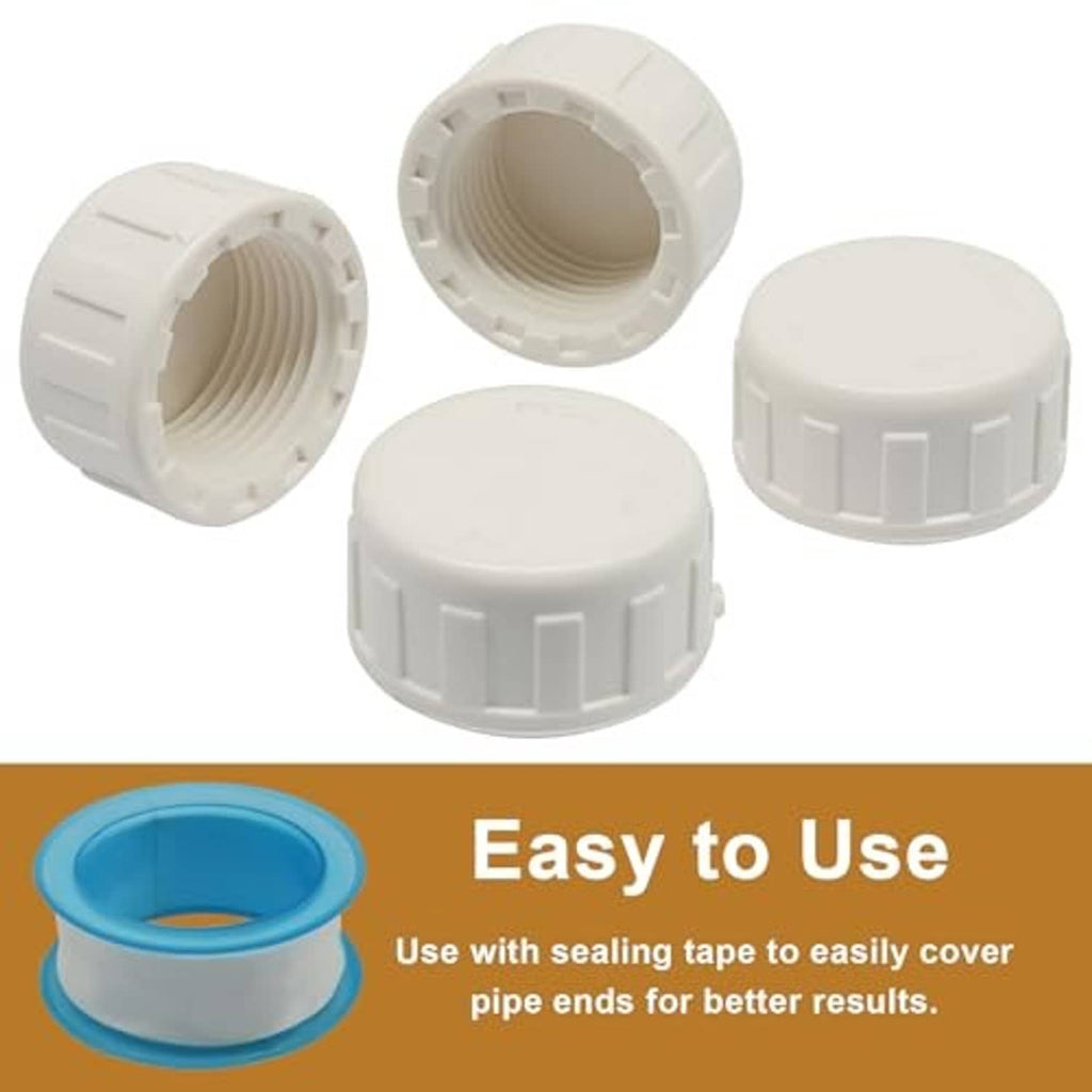 White PVC end pipe cap fittings with female threads, shown with blue sealing tape ring