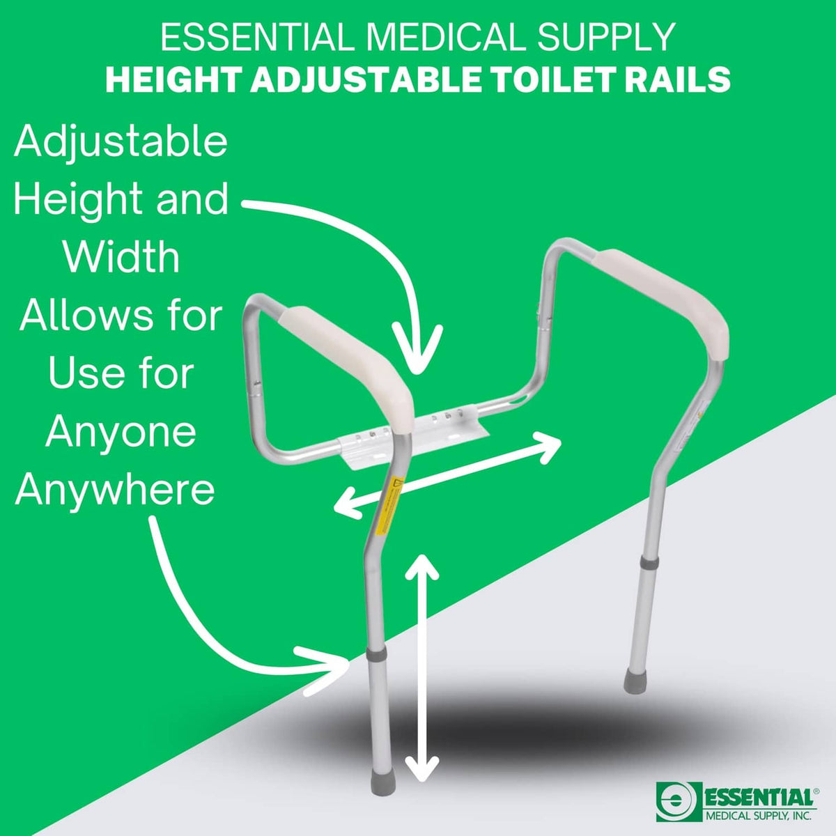 Toilet safety rails with adjustable height posts and U-shaped handles, white