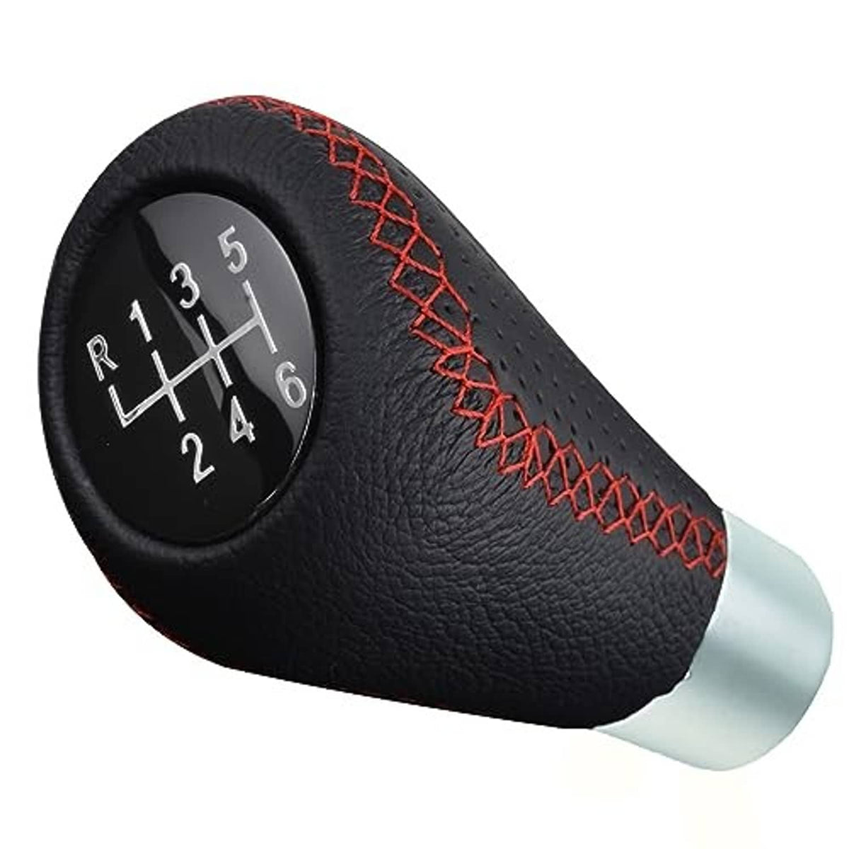 Black leather 6-speed shift knob close-up, red stitched grip, shift dial and silver base