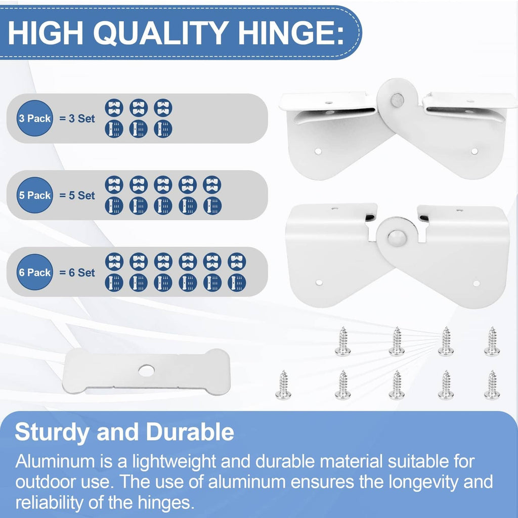 White flip-up downspout hinge set, shown with included screws and hinge brackets