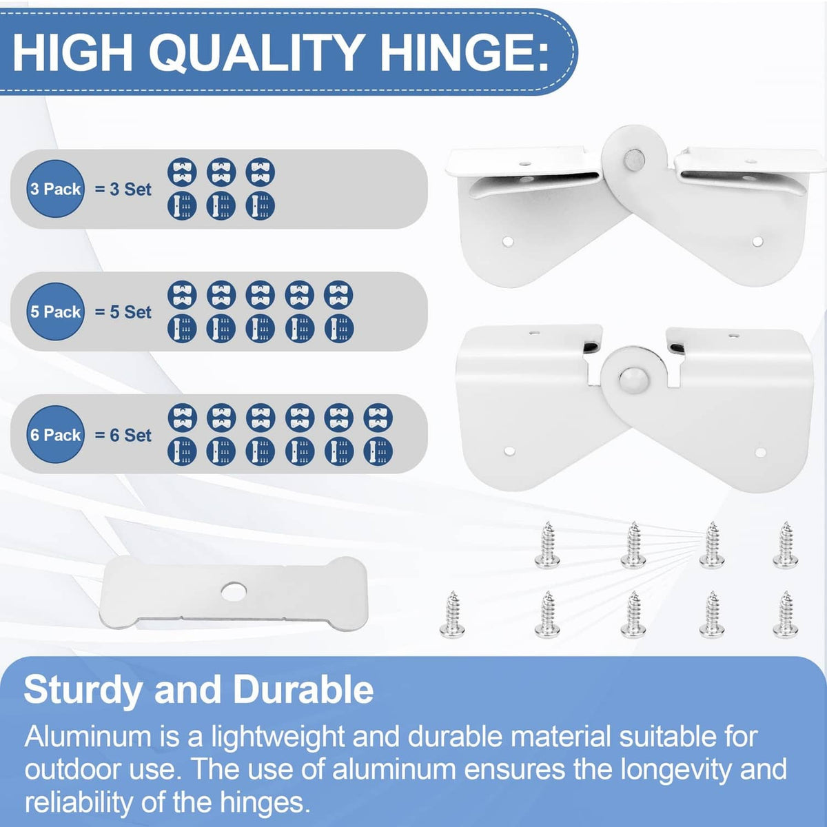 White flip-up downspout hinge set, shown with included screws and hinge brackets