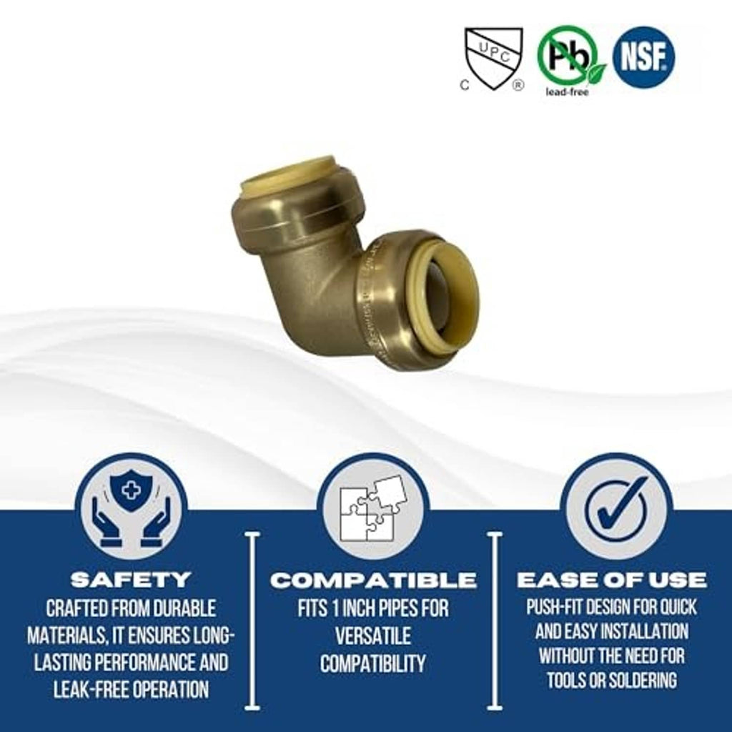 Bronze push-fit elbow fitting, 1-inch size, with certification icons