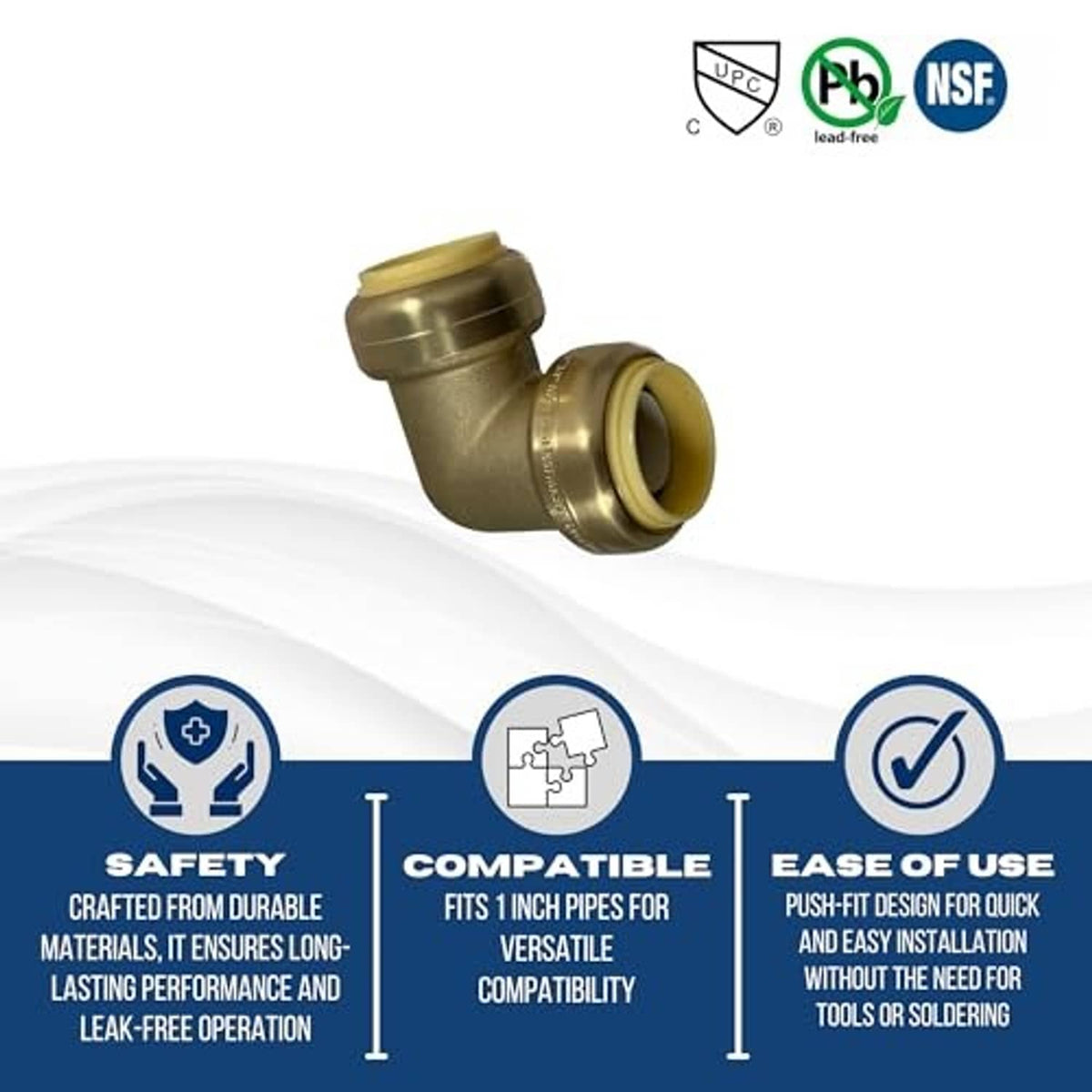 Bronze push-fit elbow fitting, 1-inch size, with certification icons