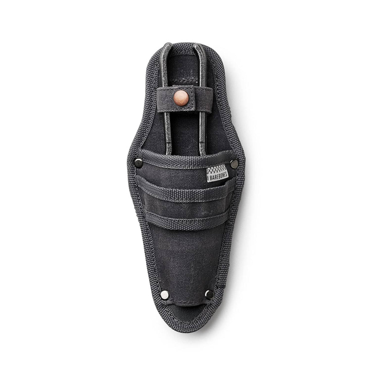 Japanese garden shears case: black fabric sheath with copper-brown snap button