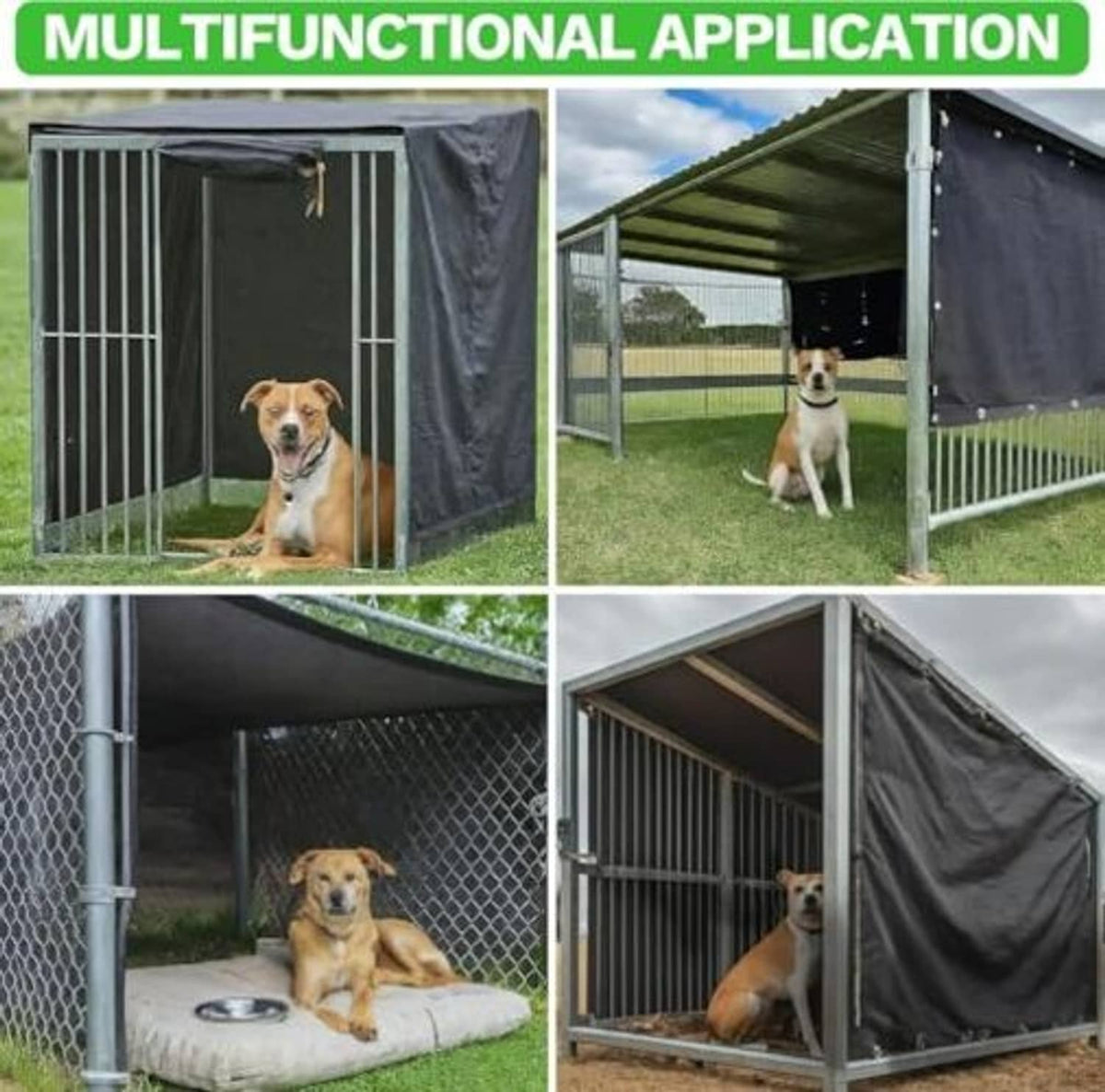 Black shade cloth tarp for pet kennel shade in multiple outdoor positions
