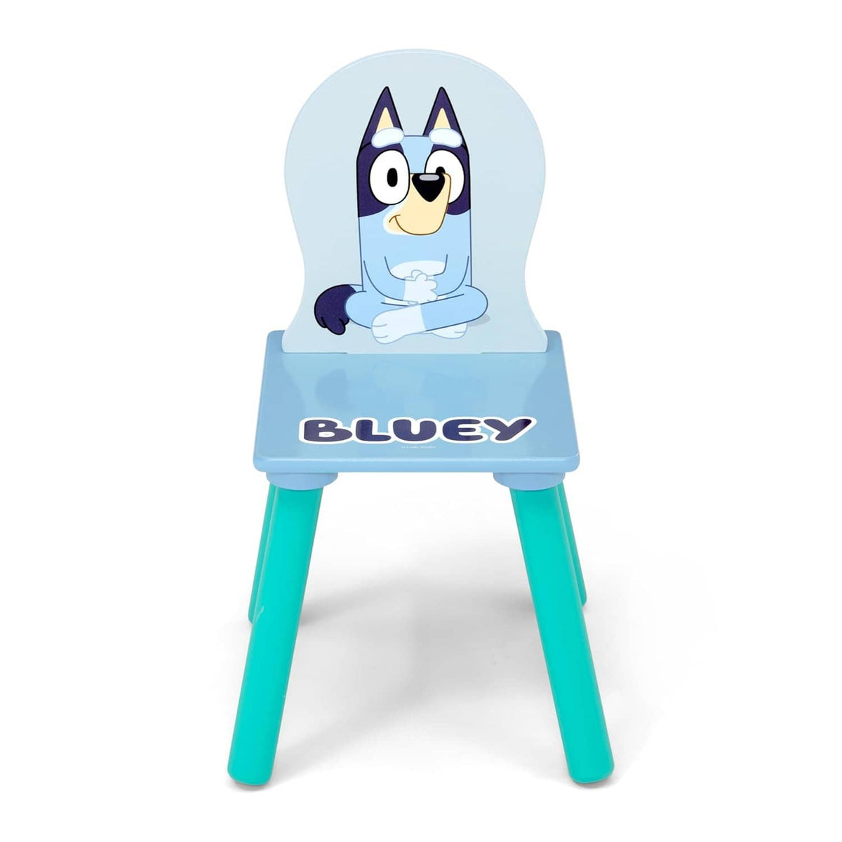 Bluey toddler chair with blue seat and teal legs, cartoon dog graphic