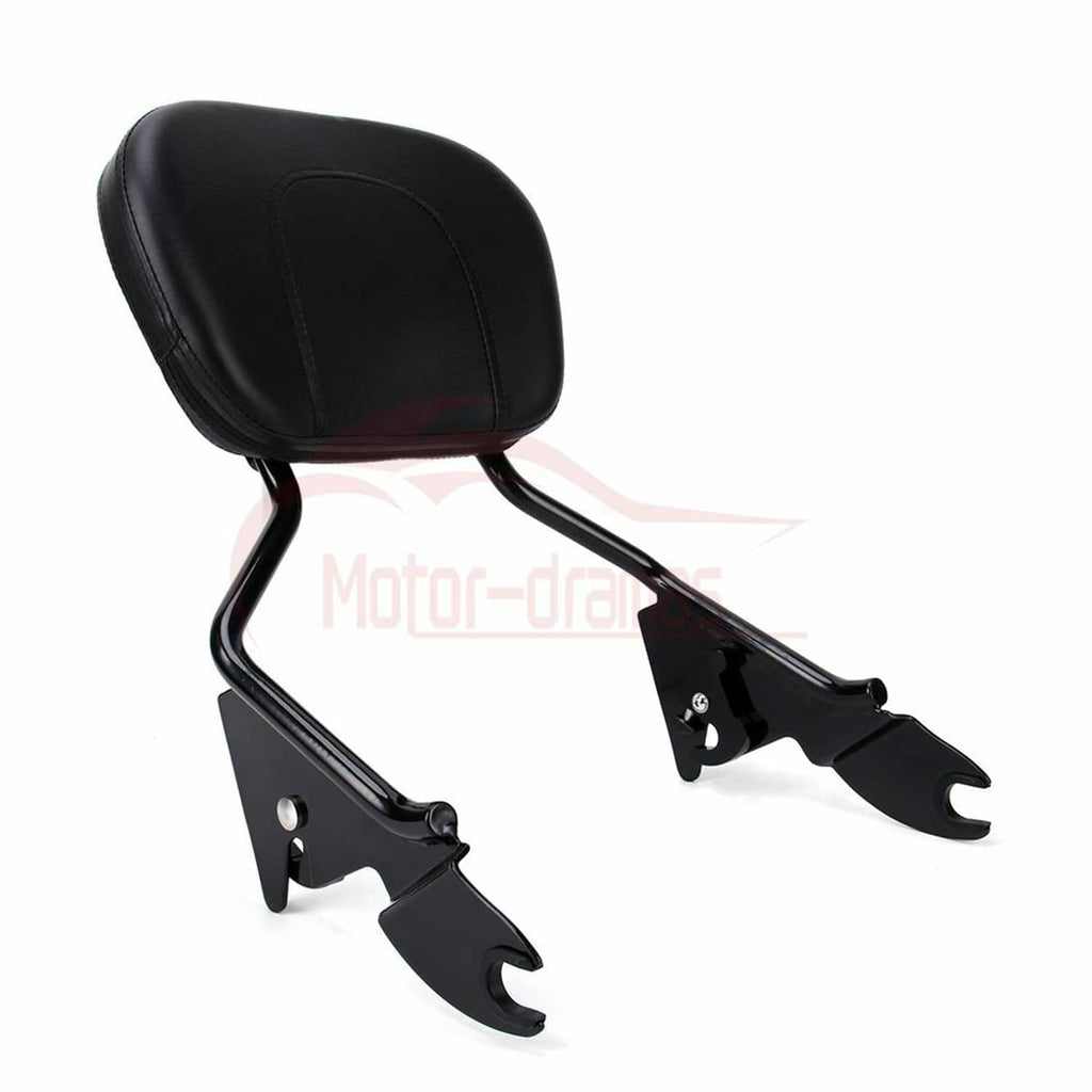 Black padded backrest with curved sissy bar and fork-style mounting brackets