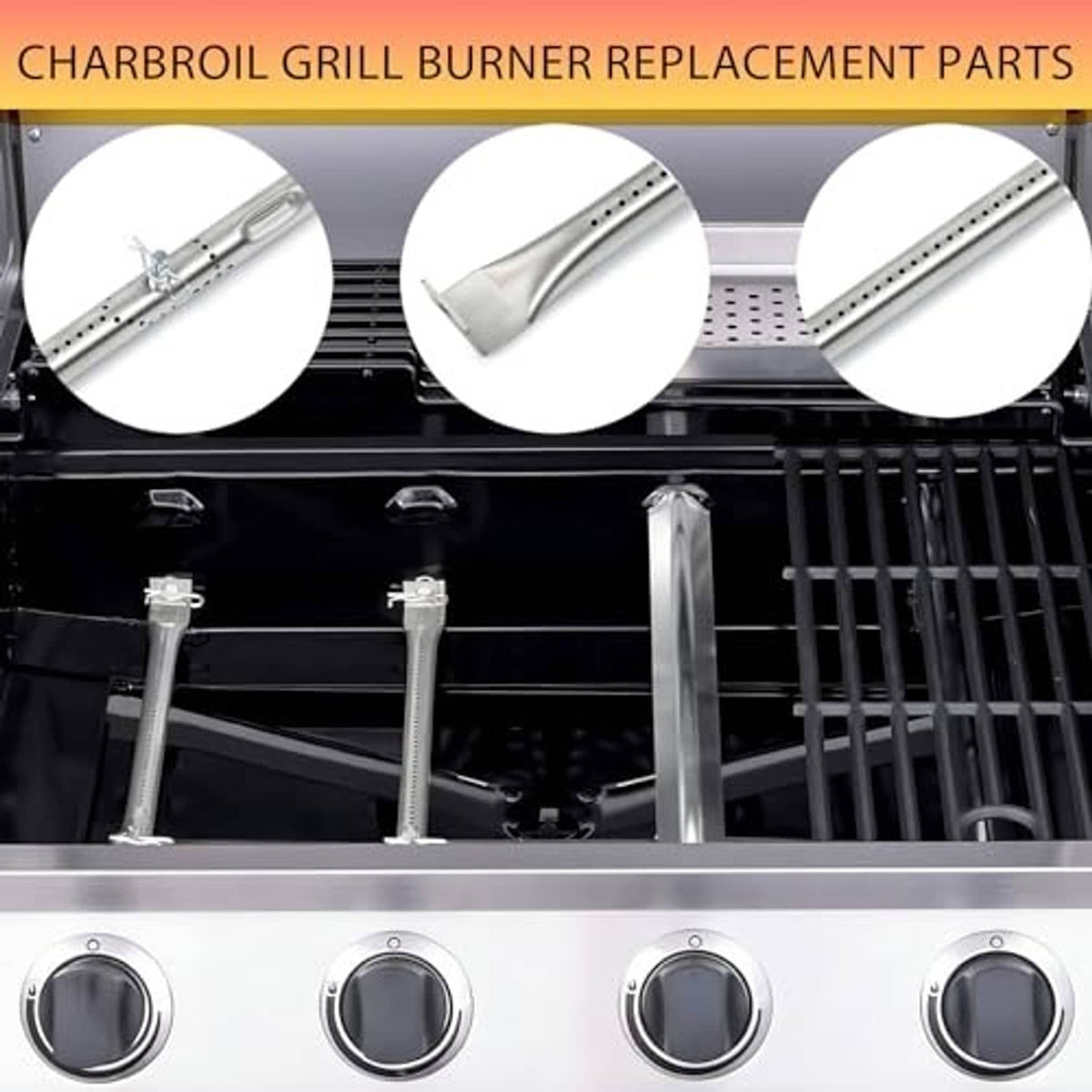 Gas grill burner tubes installed above four control knobs