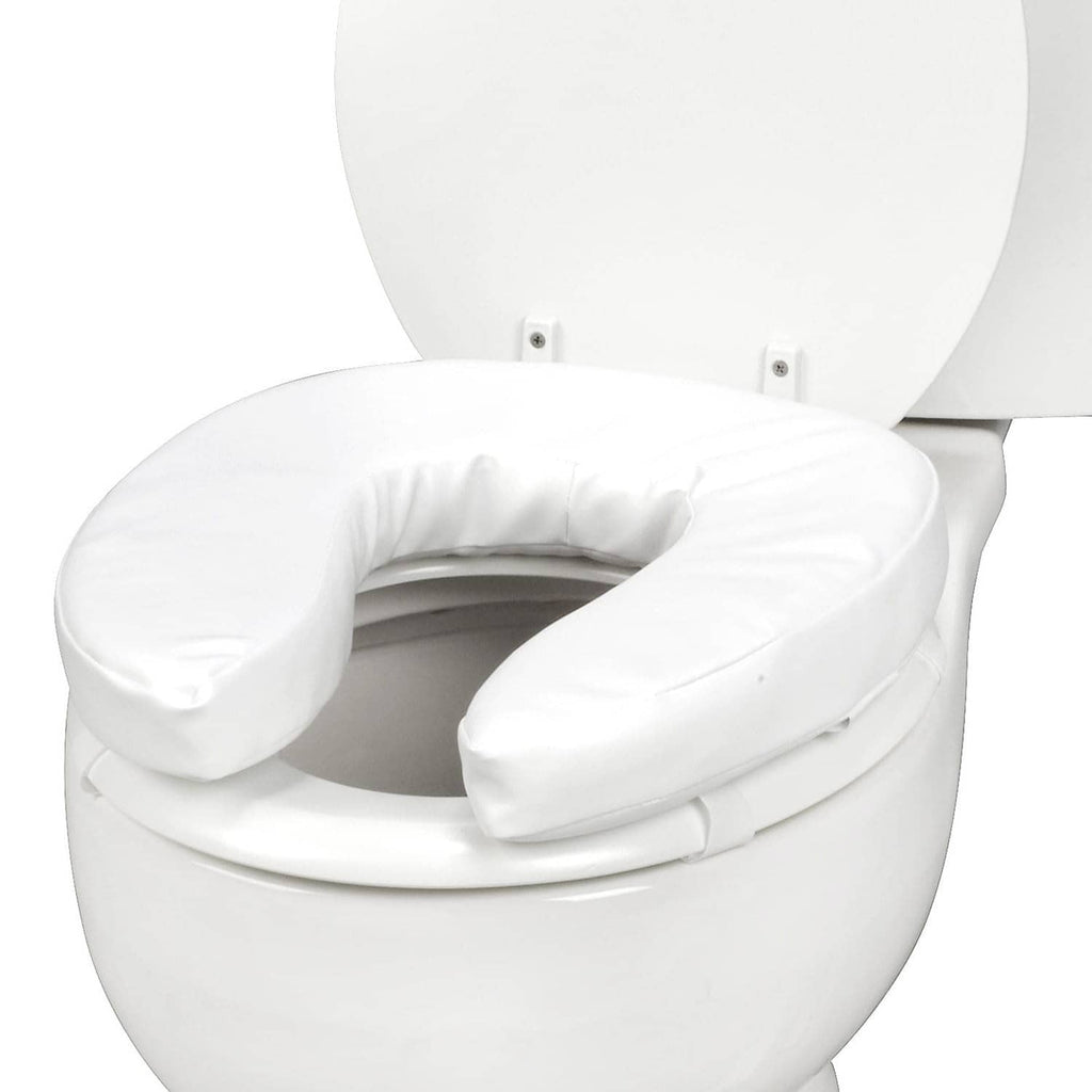 Raised toilet seat cushion with soft white foam and U-shaped cutout