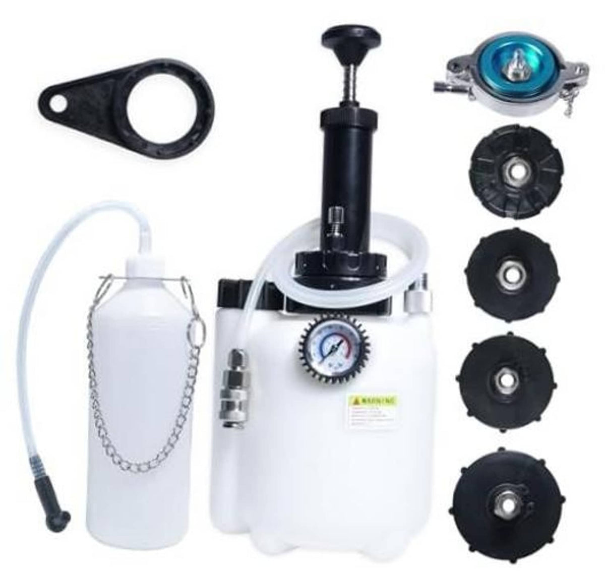 Manual brake bleeder pump kit with 1L bottle, gauge, and multiple master cylinder adapters
