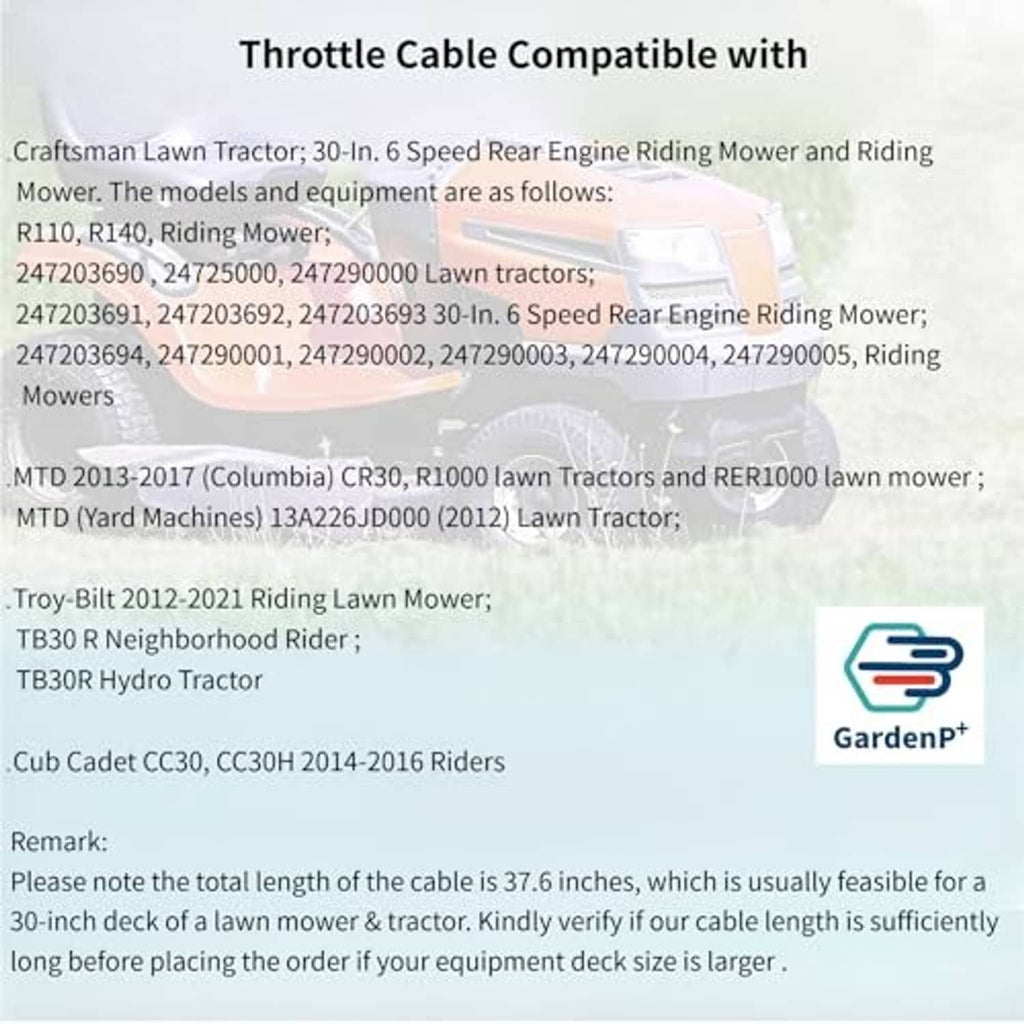 Throttle cable compatibility information sheet with model listings and GardenP+ logo