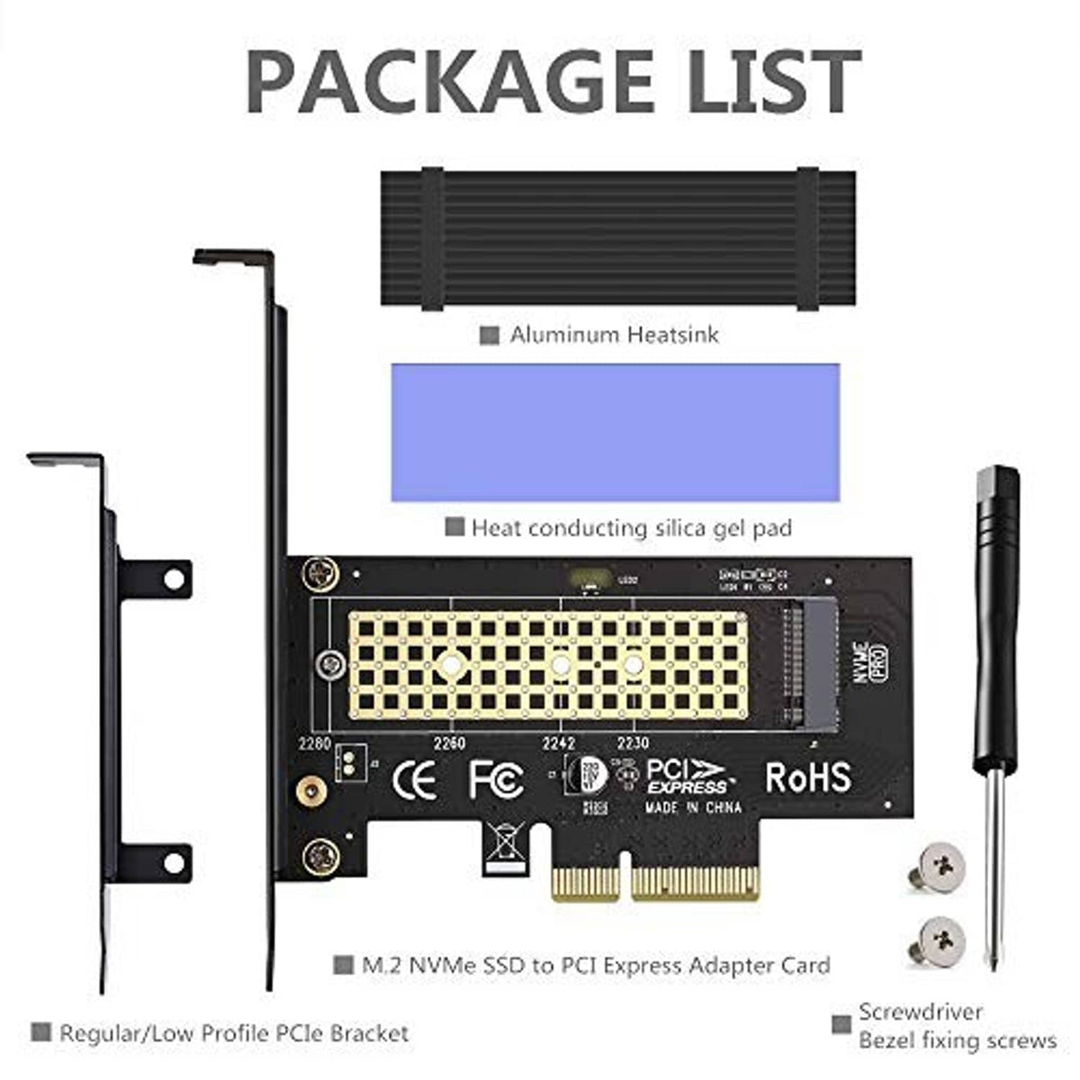 M.2 NVMe to PCIe x4 adapter kit with heatsink, low-profile bracket, and screws