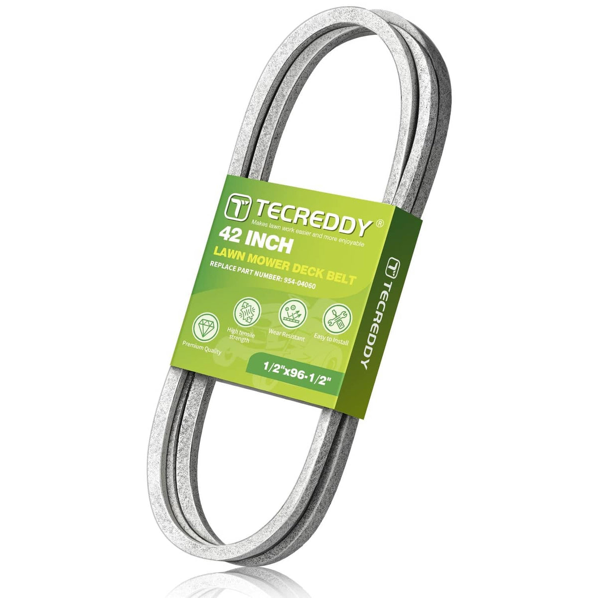 Mower deck belt with two gray loops and green TECREDDY label
