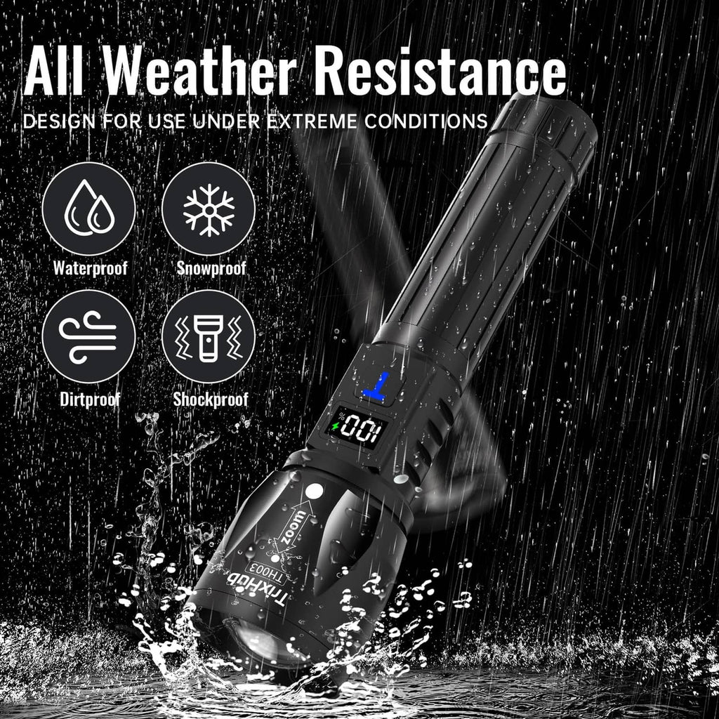 Black rechargeable flashlight with waterproof design icons and splash water