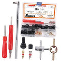 Tire valve stem tool and valve core kit with red handles, tools, and core assortment