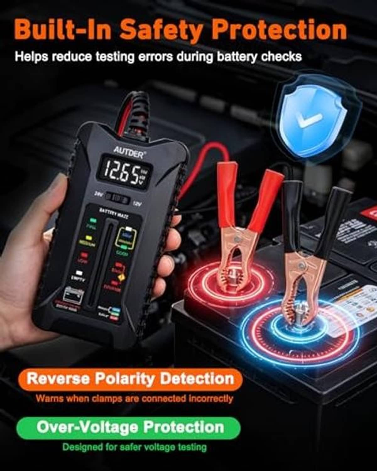 Battery tester with clamp leads for reverse/over-voltage safety detection, black body