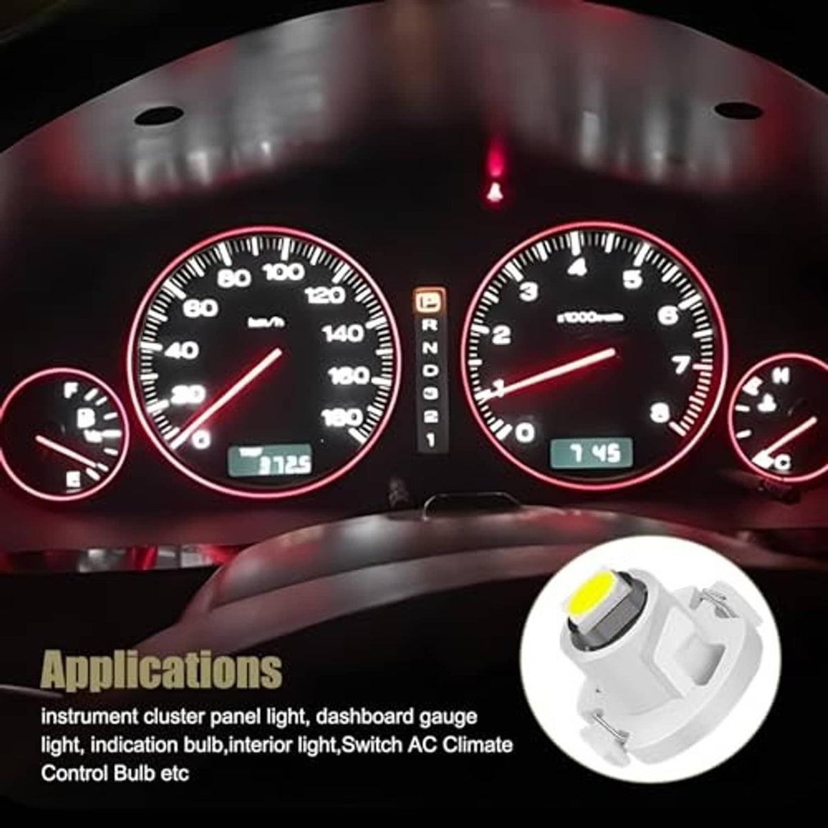 White LED wedge bulb with yellow LED lens shown with instrument cluster application