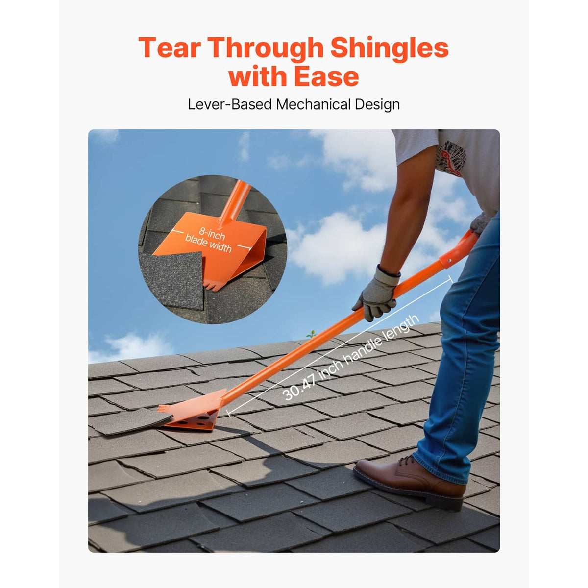 Orange roof shingle removal tool with curved D-grip handle and serrated edge blade