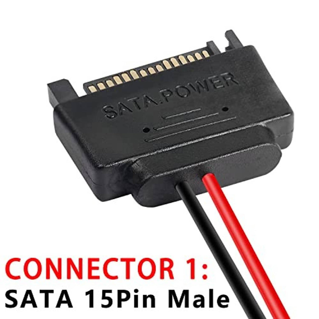 SATA 15-pin male power connector, black housing, red and black cable leads