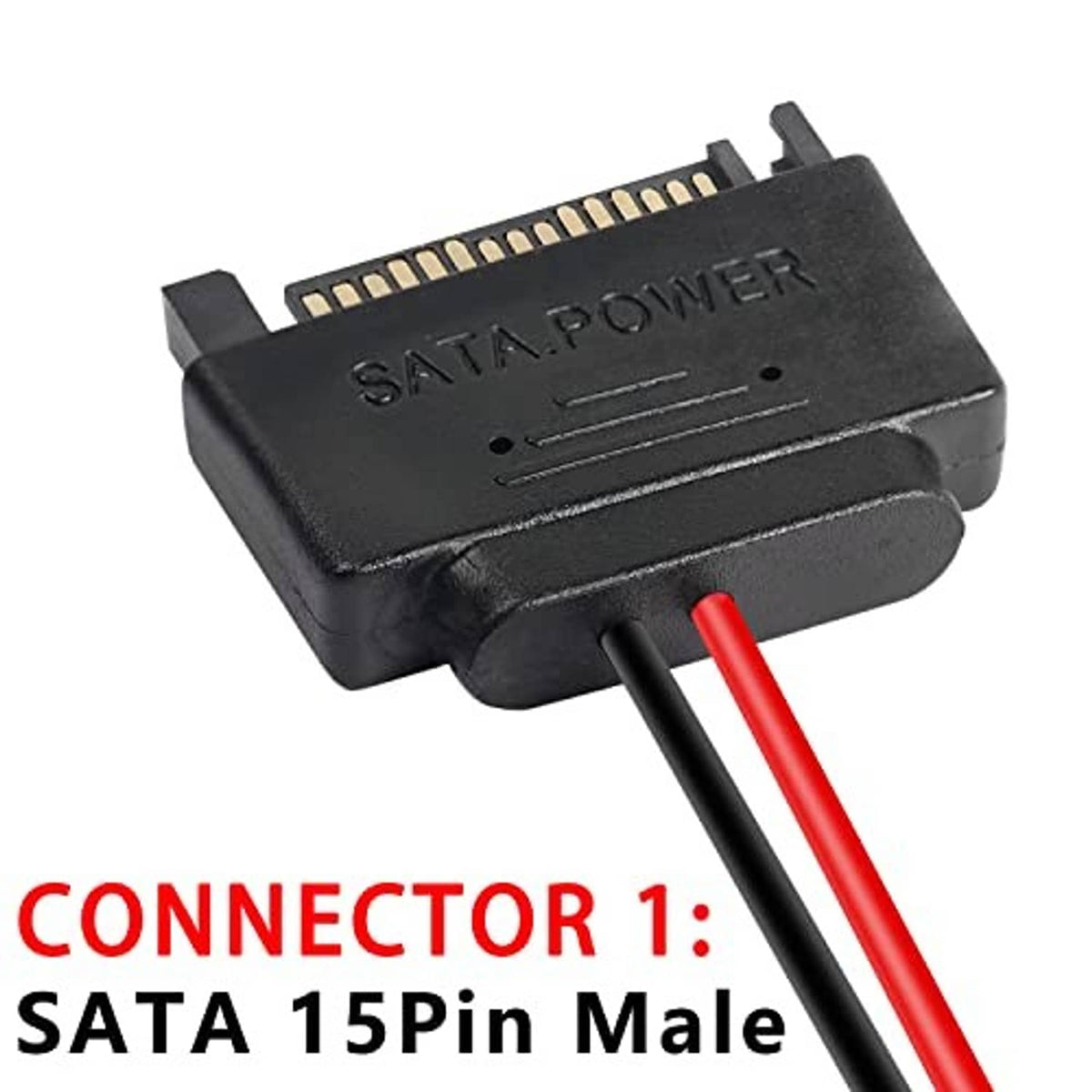SATA 15-pin male power connector, black housing, red and black cable leads
