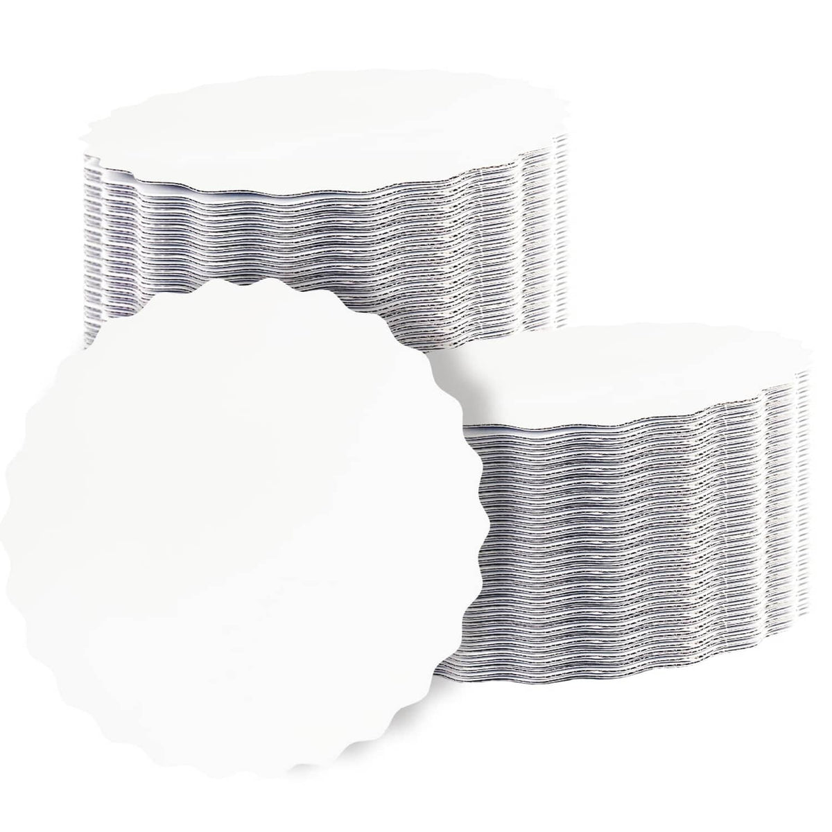 Stack of white round wave cake boards with scalloped edges, 6 in size