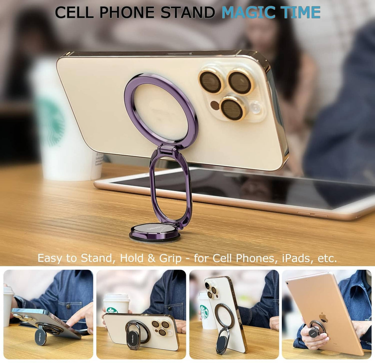 Purple metal magnetic phone ring stand with circular grip on the back