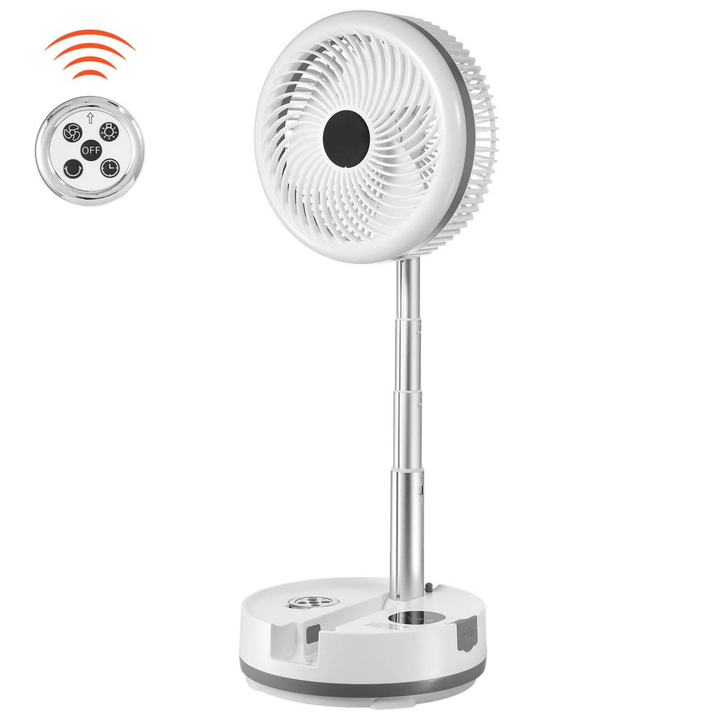 White rechargeable oscillating fan with remote control unit and indicator icons