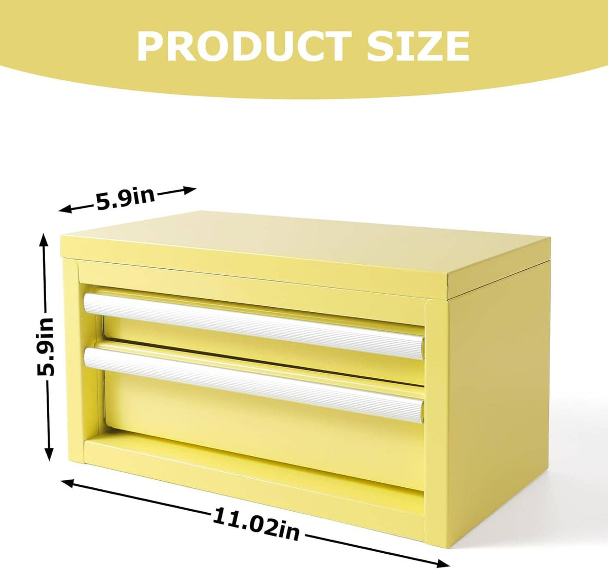 Yellow mini steel tool chest with two pull-out drawers and silver drawer rails