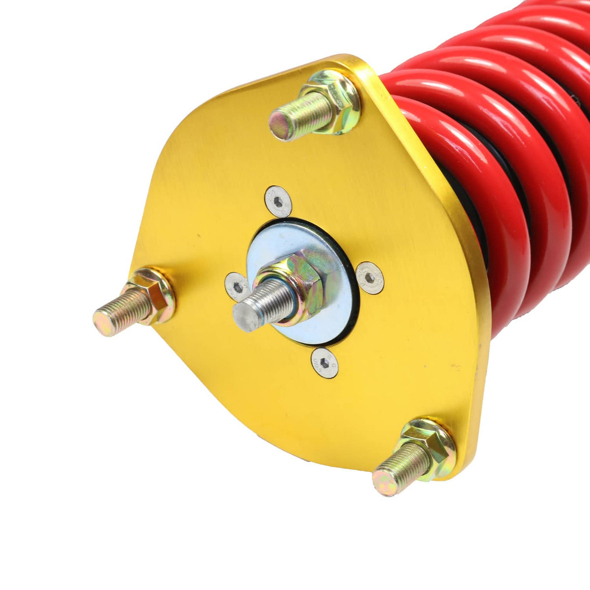 Close-up of coilover spring top plate with gold finish and red coil spring