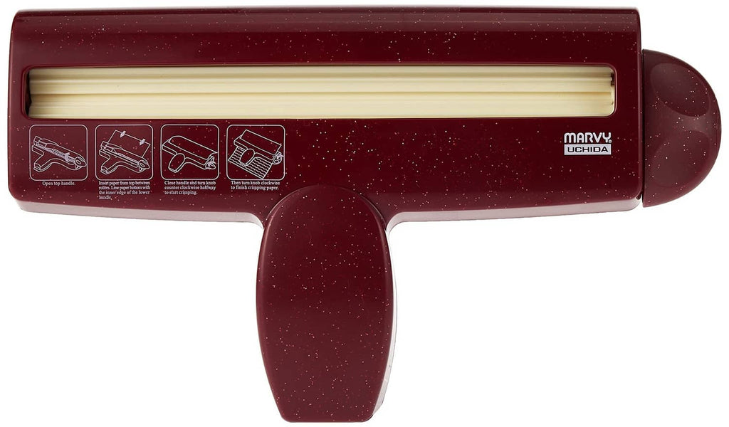 Handheld paper crimper tool with straight corrugating grooves, maroon body and handle