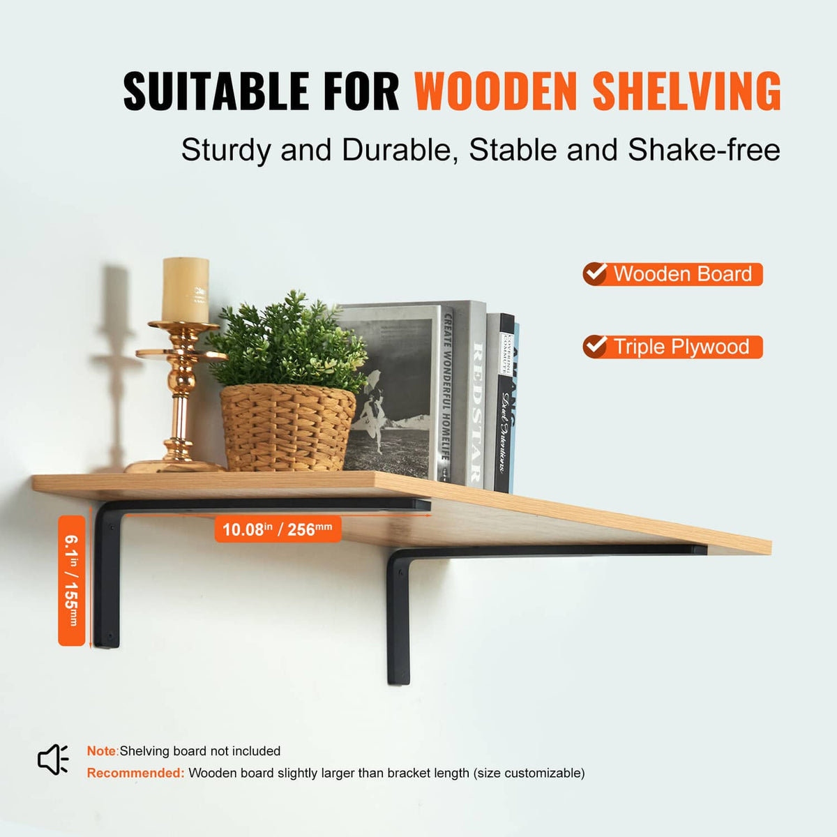 L-shaped wall shelf brackets for wooden shelving, black steel with bolt holes