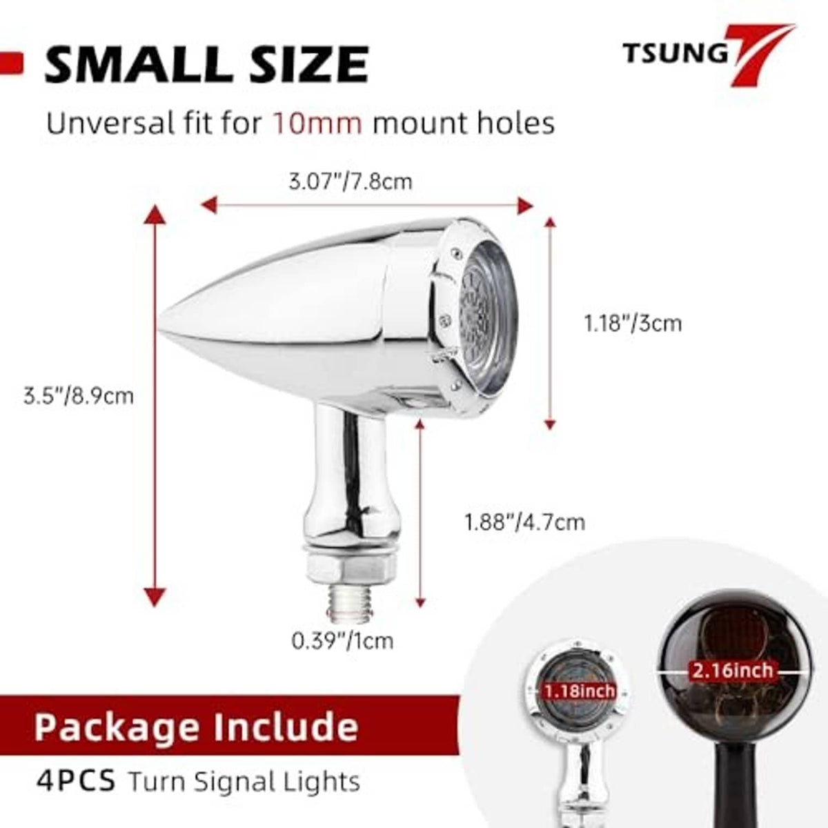 Universal-fit motorcycle bullet LED turn signal light with chrome housing and size dimensions