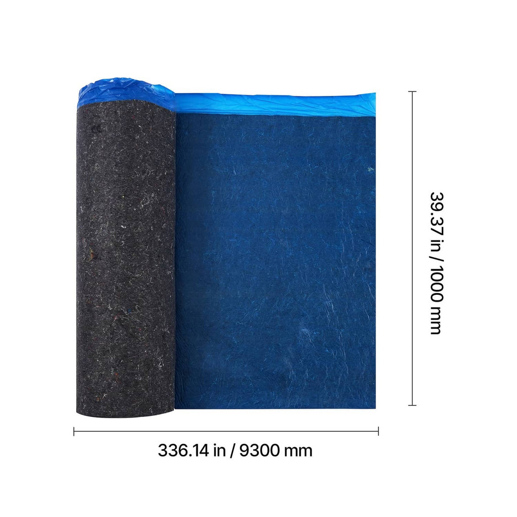 Blue and dark floor underlayment roll showing vertical profile and overall measurements