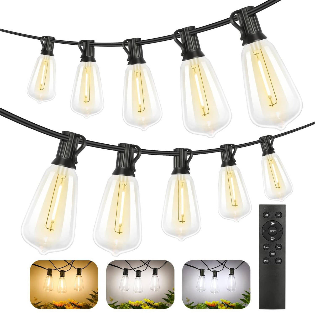 Outdoor string lights with black wire and clear vintage-style bulbs, remote-ready