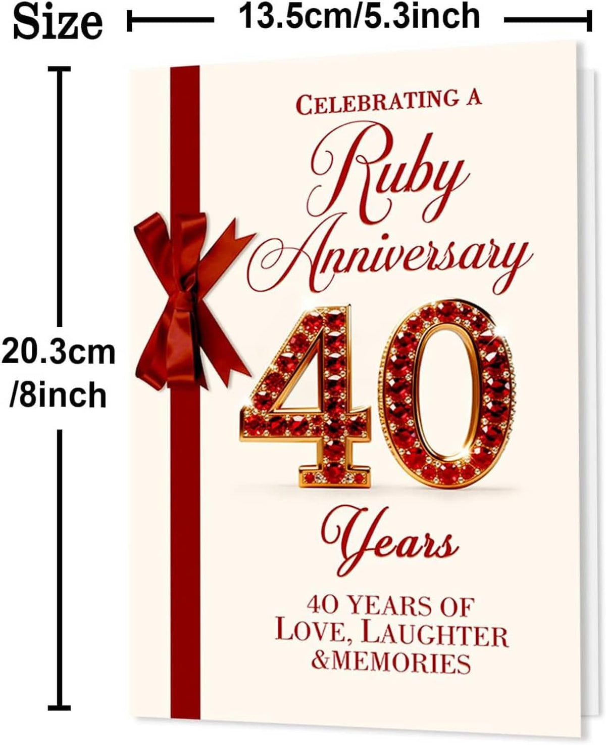 Ruby wedding anniversary card with red ribbon bow and 40 Years text; size 13.5cm