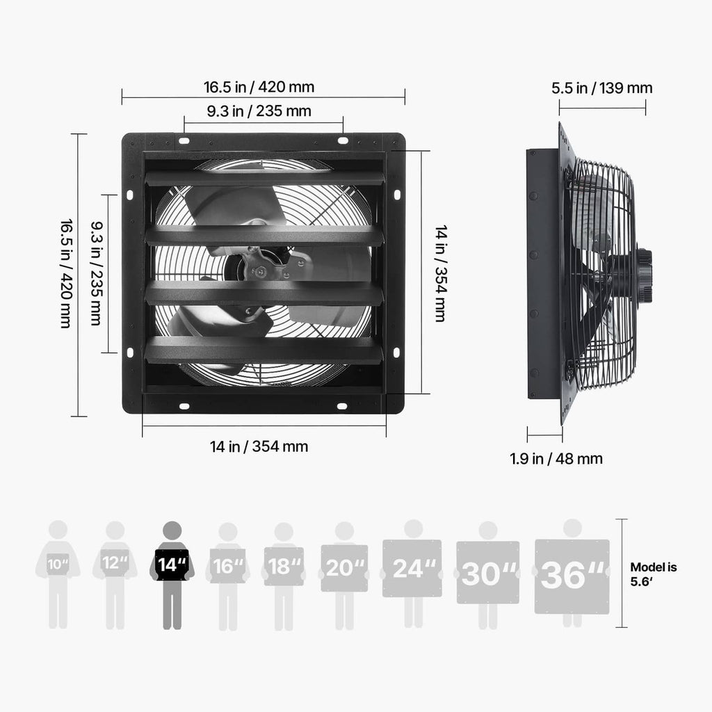 Wall-mounted shutter exhaust fan dimension diagram with front view and side profile