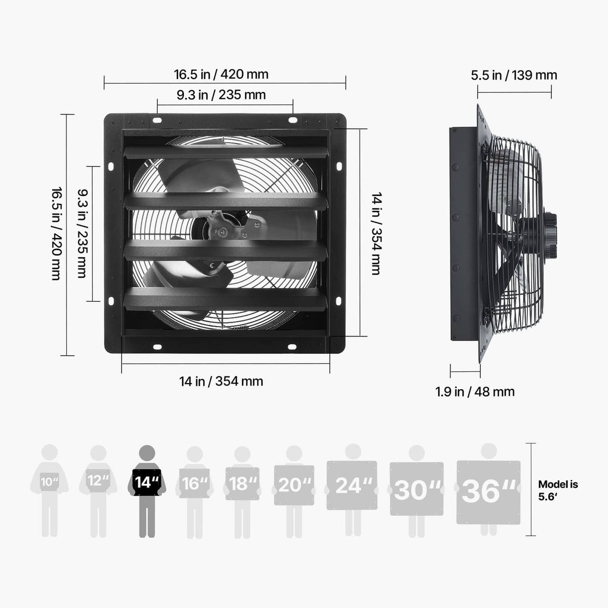 Wall-mounted shutter exhaust fan dimension diagram with front view and side profile