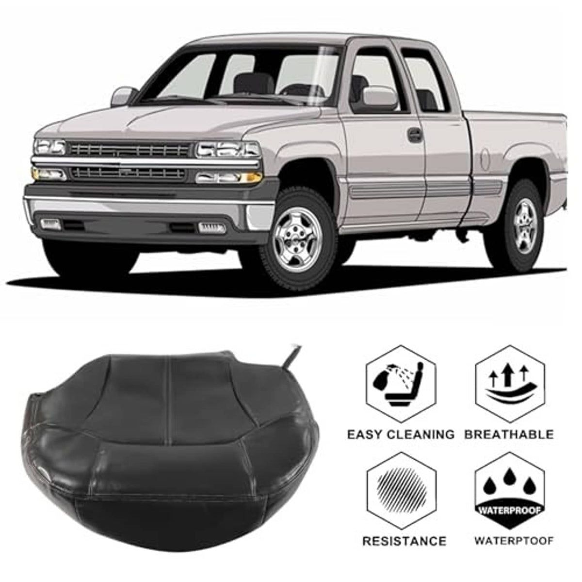 Front driver-side seat bottom cover with foam cushion, dark gray leather-look for truck